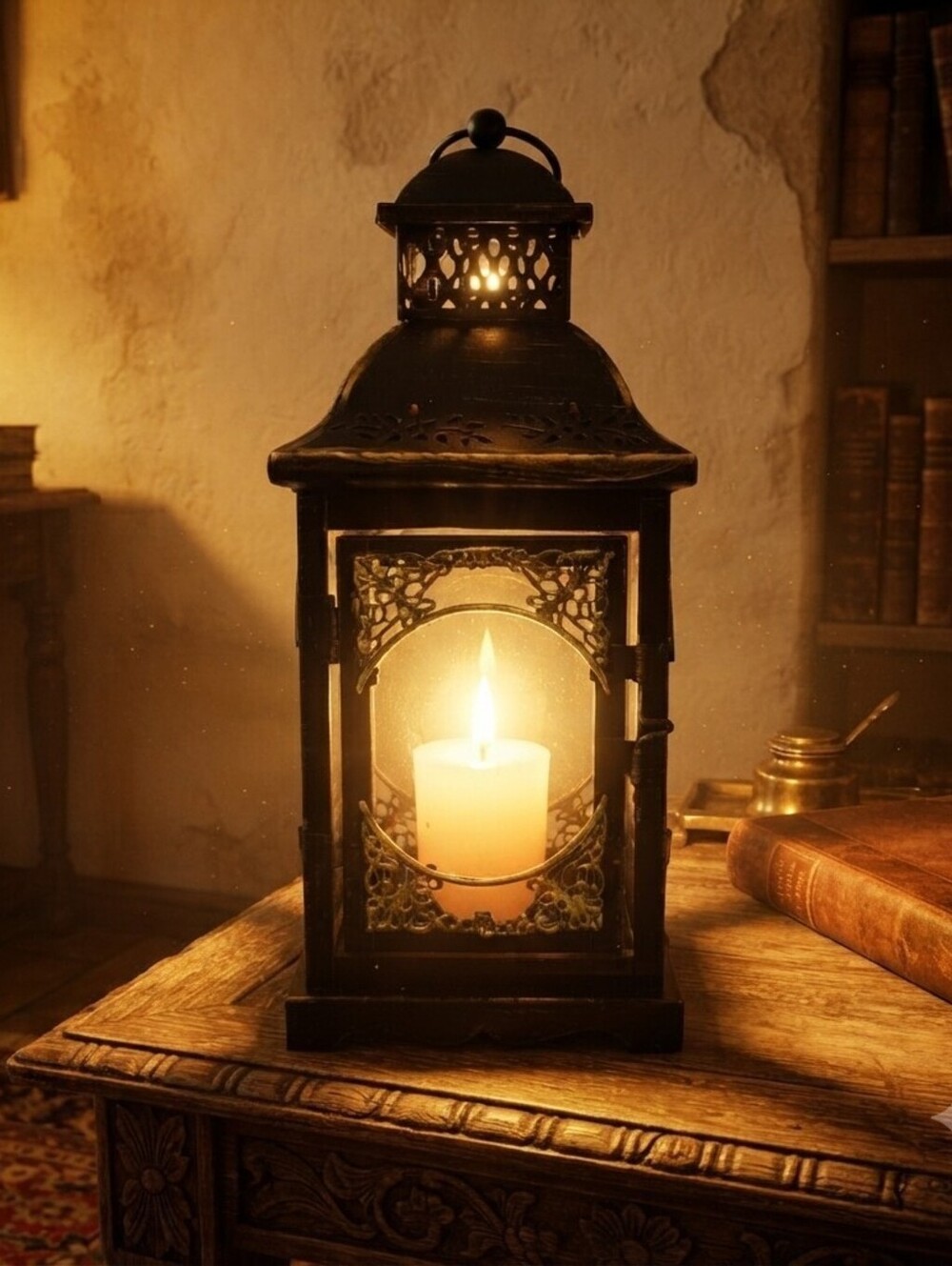 Vintage Moroccan Lantern Lamp Black Gold Metal Glass Candle Holder Gothic Decor